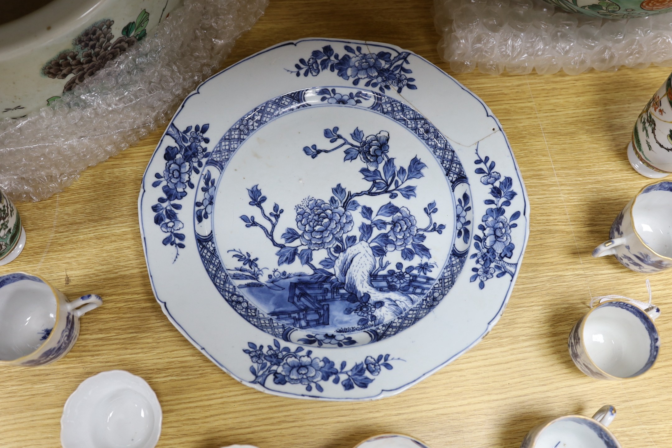 A pair of Chinese Kangxi famille verte cups, together with a large 18th century blue and white plate, and other mixed Chinese porcelain tea wares, including cups, and tea bowls
